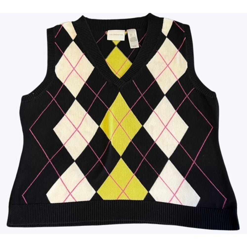 Liz Claiborne Large Sweater Vest Cableknit White Argyle Black Yellow